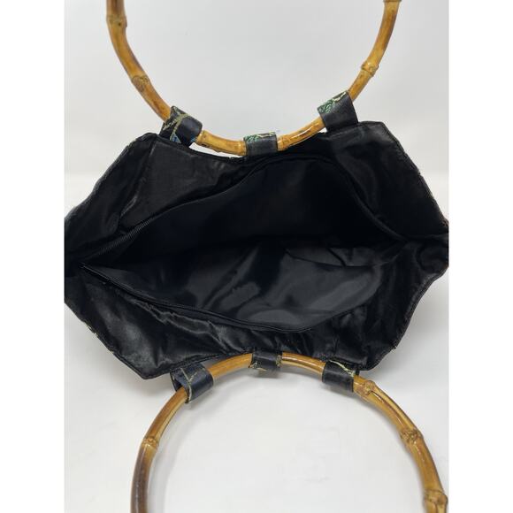 Women's Handbag Asian inspired Bambo Circle Handels Black Flower Embroidered - Picture 8 of 9